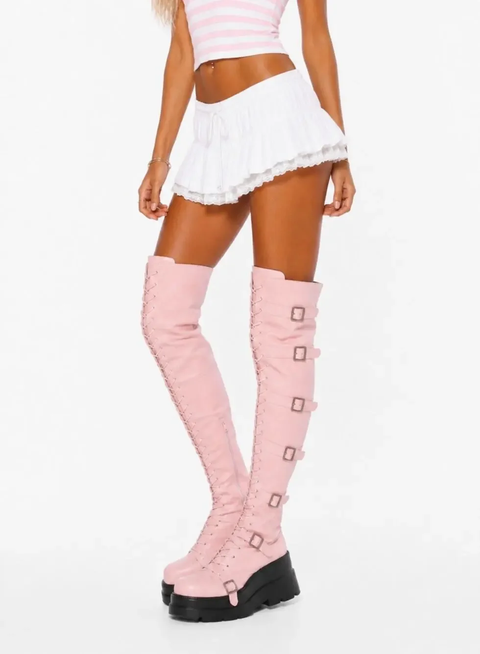 Platform Boots Over Knee Thigh High Goth Boots Chunky Heel Pink Size 8.5